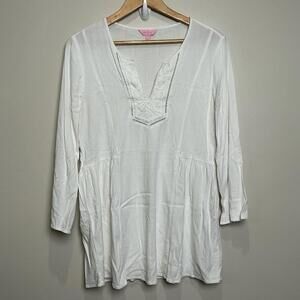 Lilly Pulitzer Lyndsea‎ Long Sleeve Notch Neckline Tunic Top SMALL Resort White